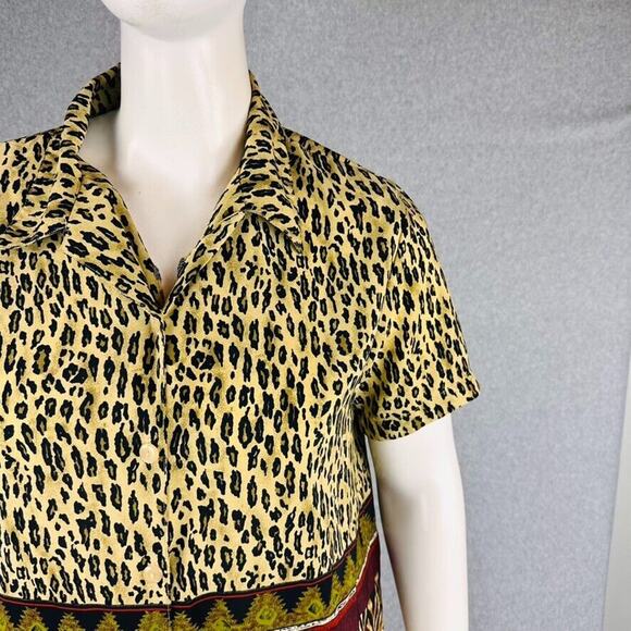 Vintage L&S Designs Sz XL Blouse Short Sleeve Collared Animal Abstract Button - Picture 4 of 8